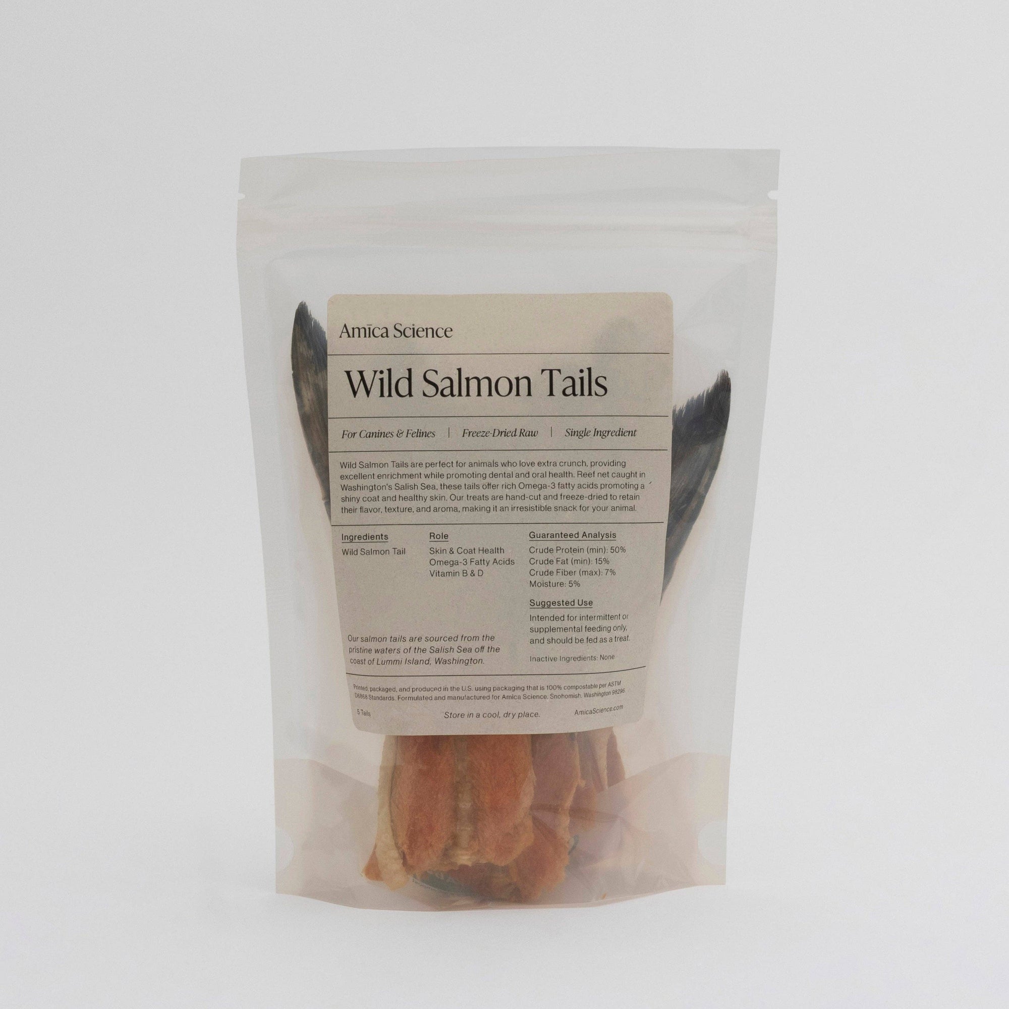 Package of Wild Salmon Tails with a label on a white background