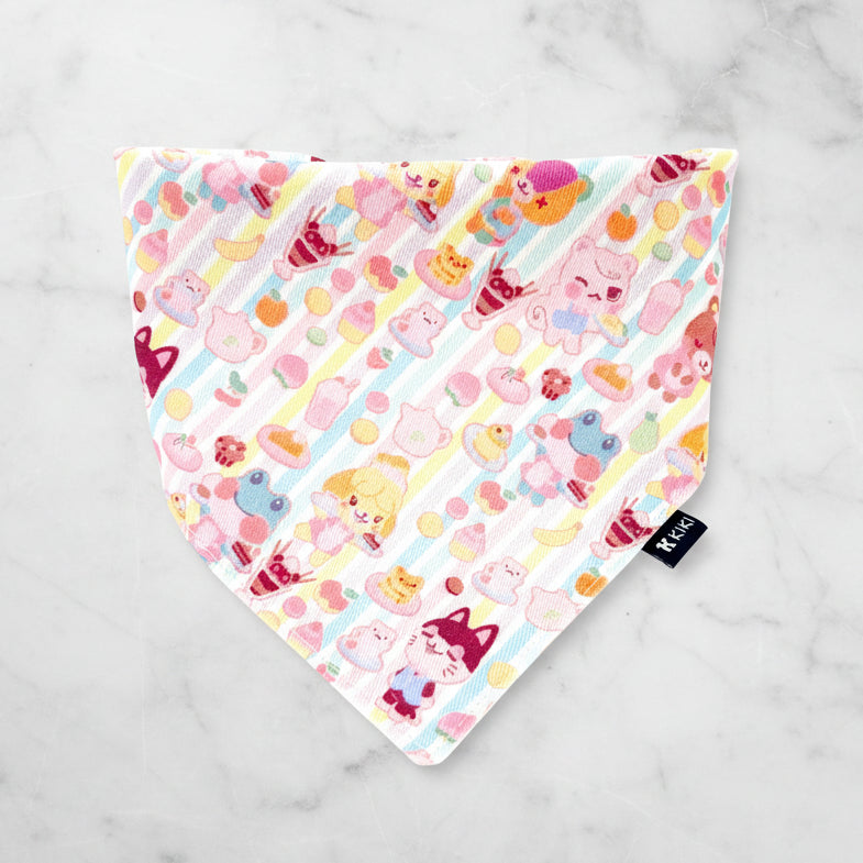 Colorful bandana with cartoon character pattern on a marble background