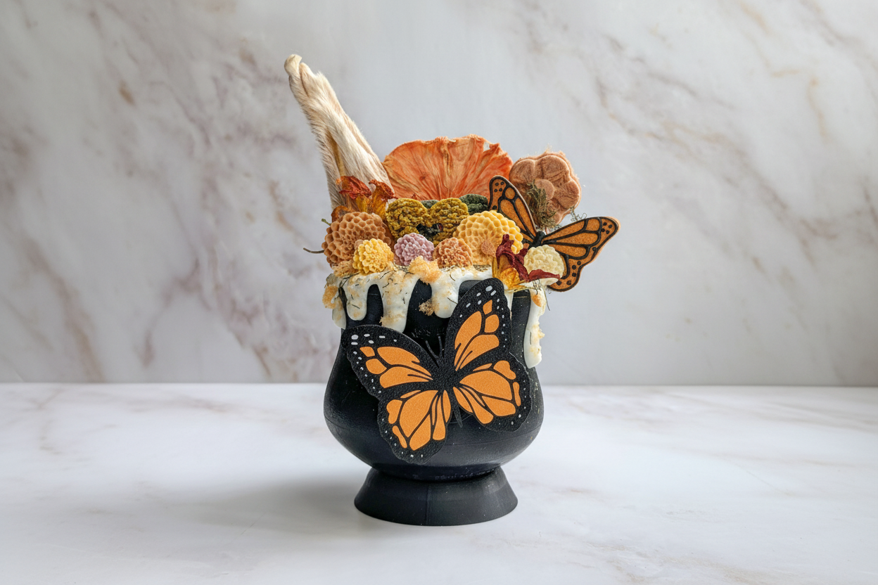 Decorative piece with butterflies, flowers, and a rabbit ears on a marble surface