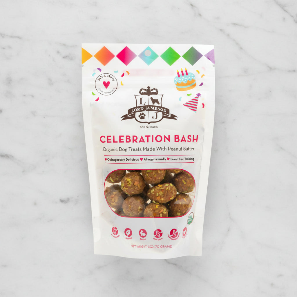 Package of Lord Jameson Celebration Bash organic dog treats on a white background
