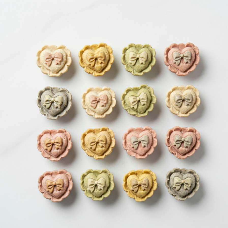 Row of small treats with heart shapes and bow details on a light background