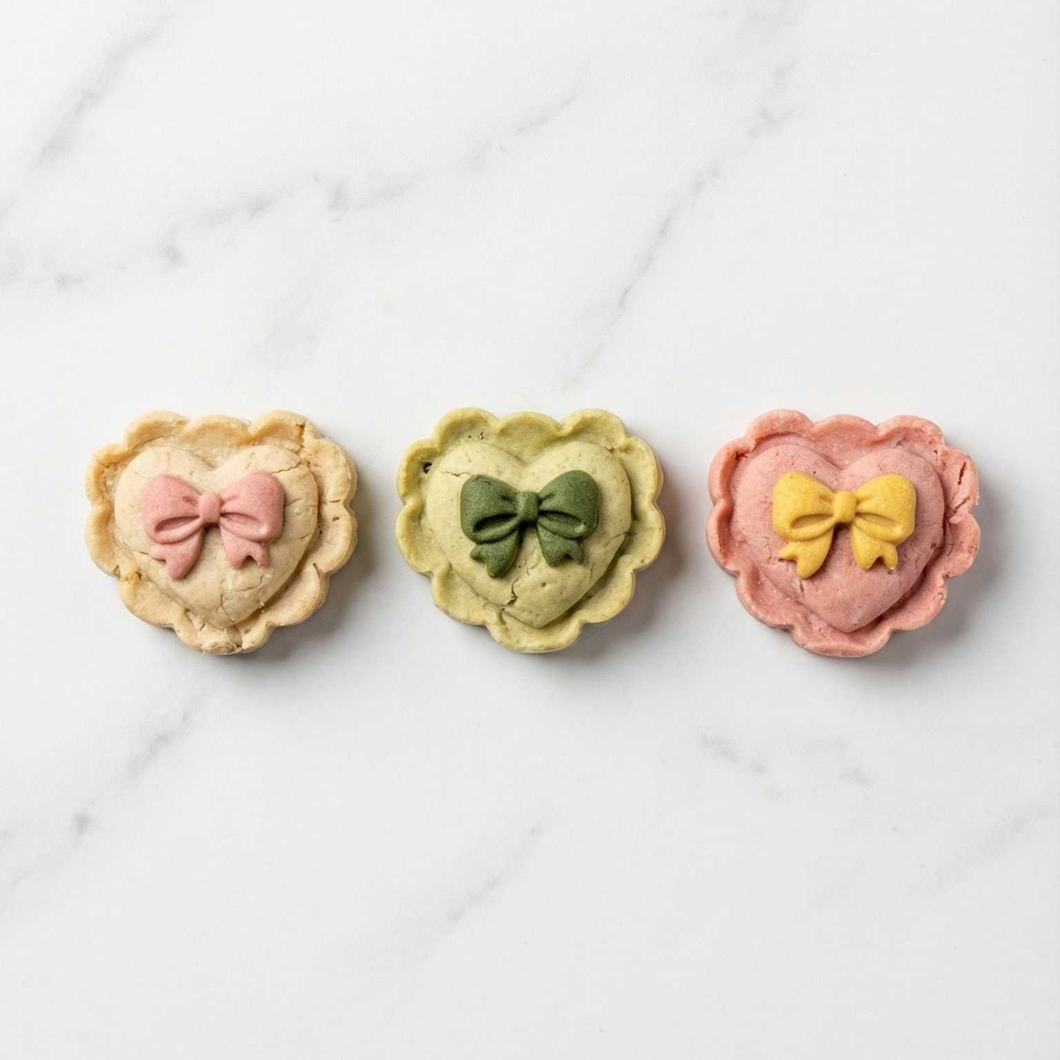 Three heart-shaped pastries with bow decorations on a white marble surface