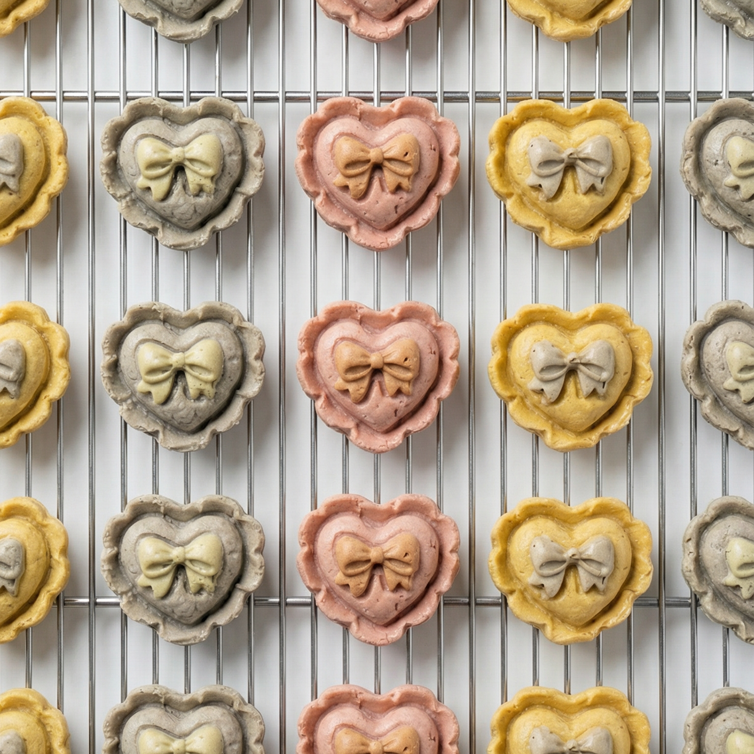 Heart-shaped cookies with bow designs in various colors on a cooling rack.