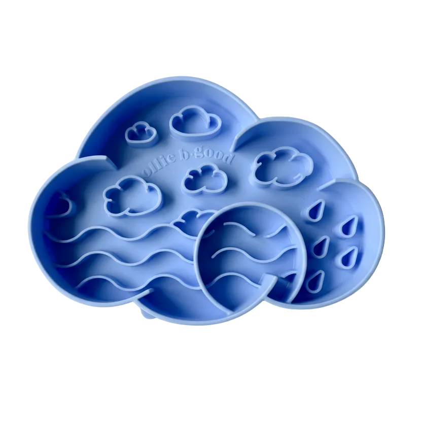 Blue silicone mold shaped like a cloud on a white background