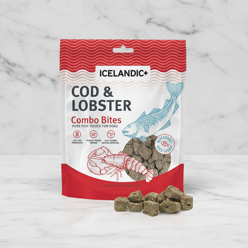 Packaging of Icelandic+ Cod & Lobster Combo Bites for dogs on a white background
