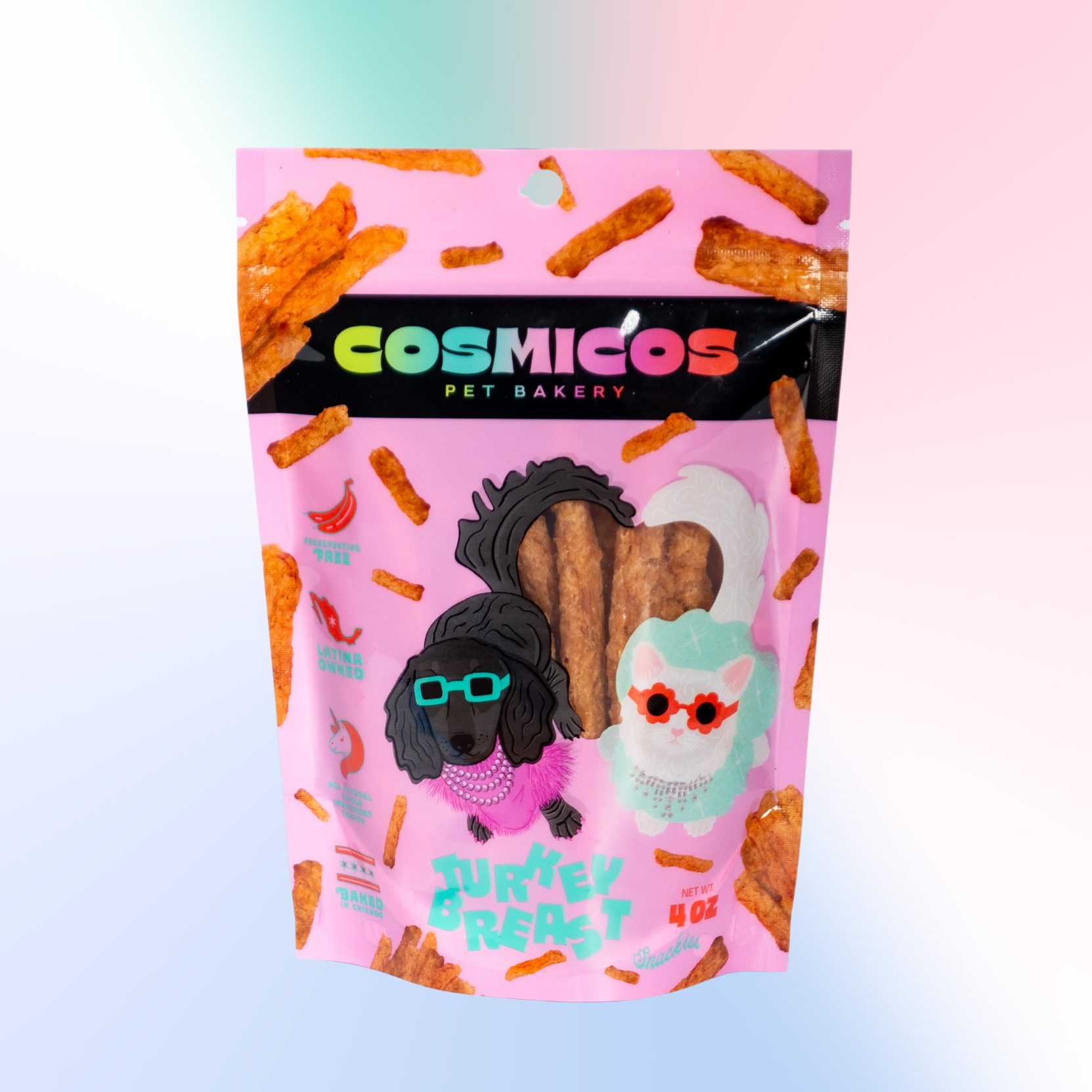 Pink bag of Cosmicos pet treats with cartoon characters on a gradient background