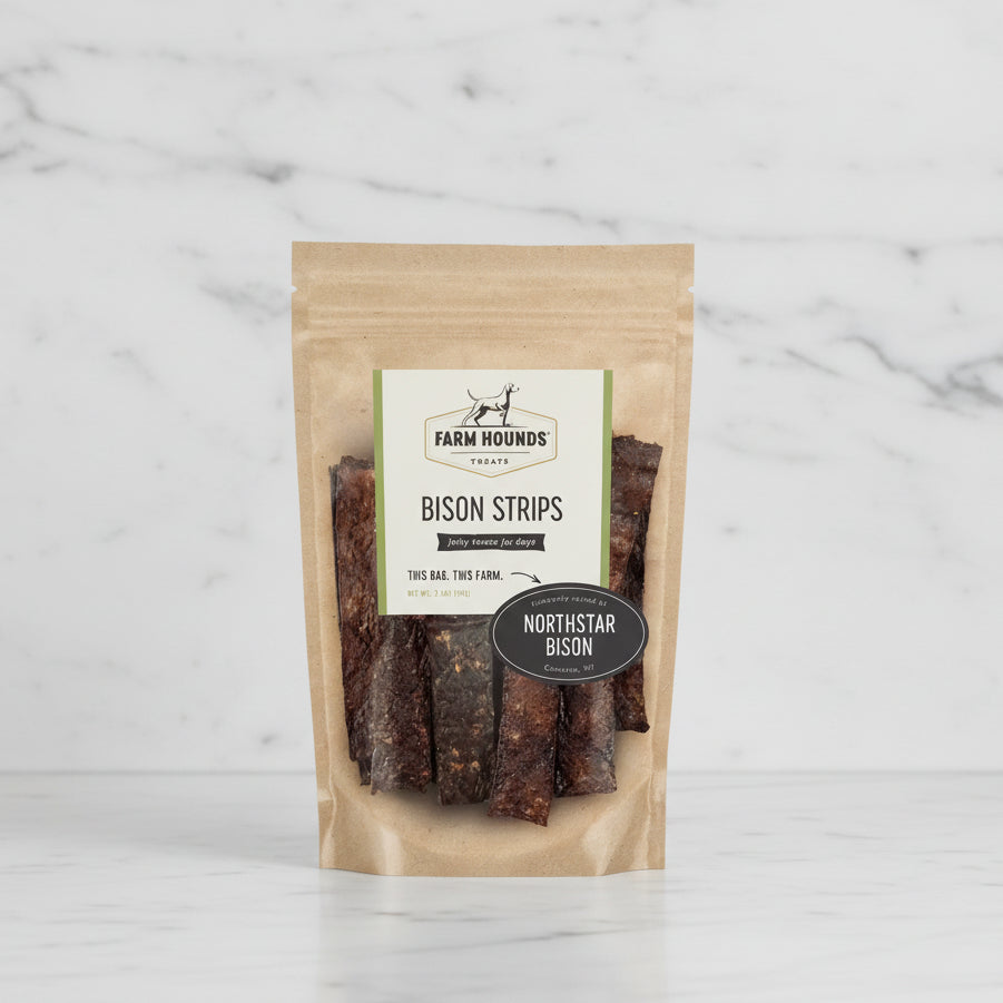 Package of Farm Hounds Bison Strips with visible branding on a white background