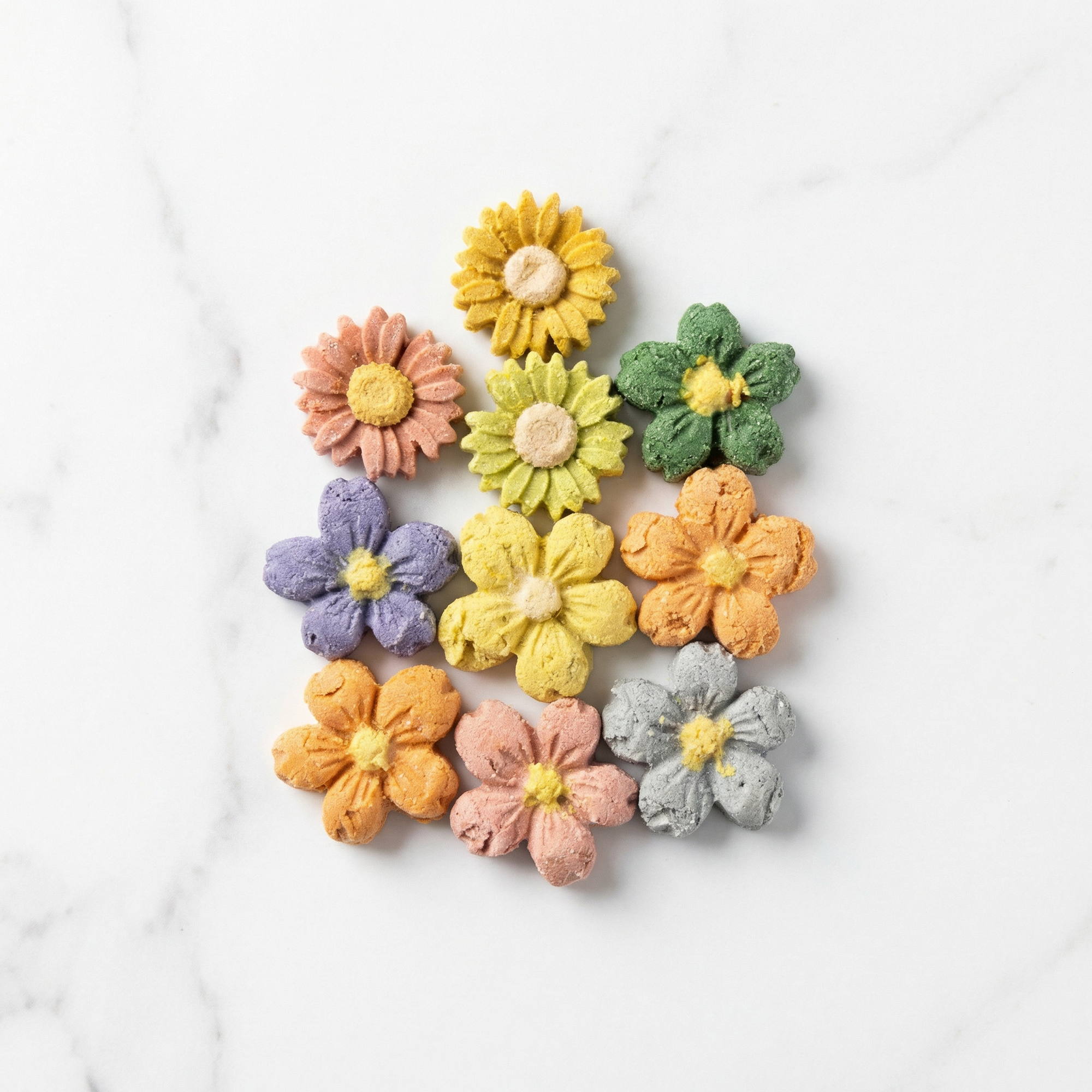 Colorful flower-shaped treats on a white background