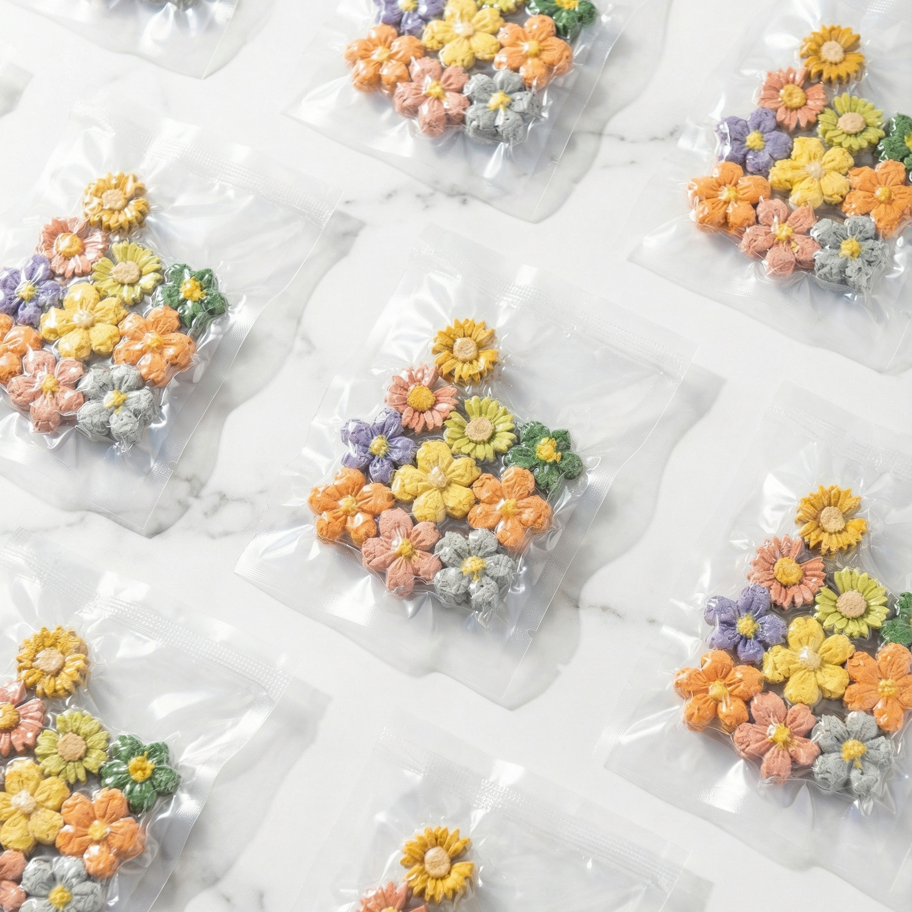 Colorful flower-shaped treats on a white background