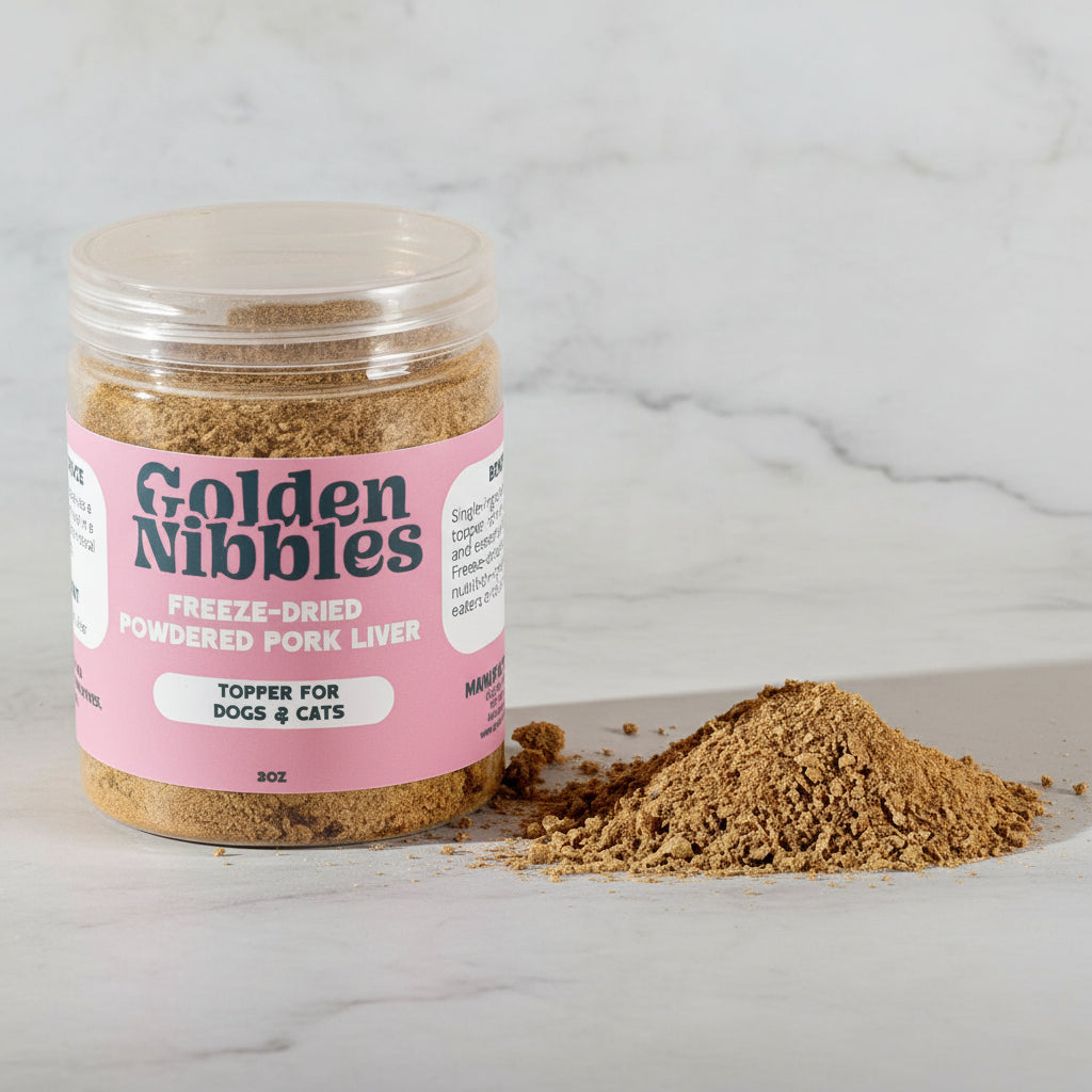 Jar of Golden Nibbles freeze-dried powdered pork liver