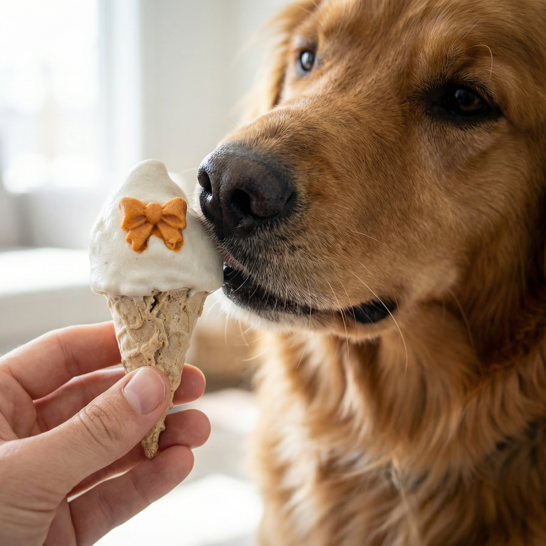 Dog about to take a bite of a dog-friendly ice cream cone held by a person.