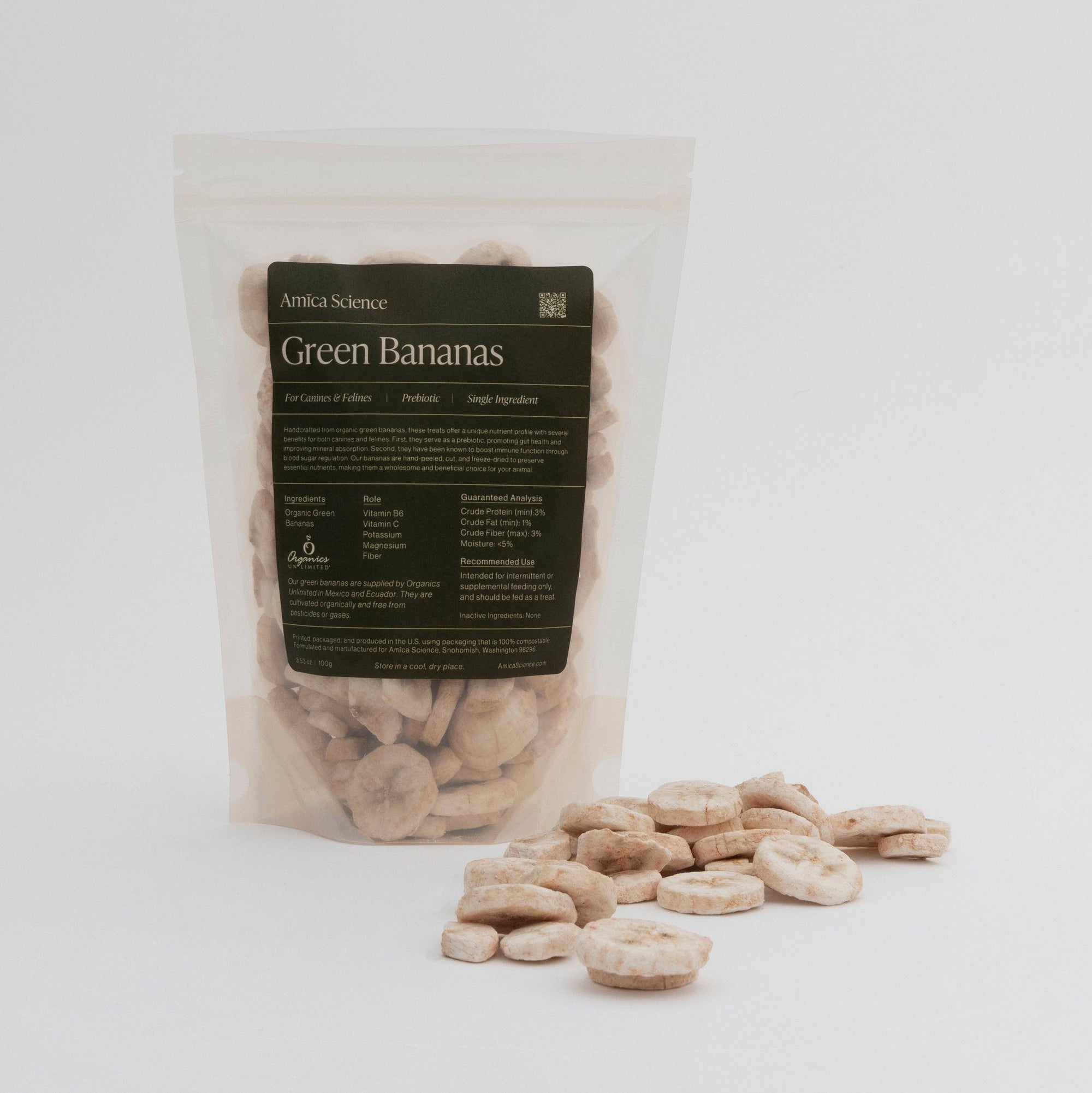 Bag of green bananas with a visible label on a white background