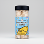 Jar of dried pollack cubes for dogs with a blue label on a white background