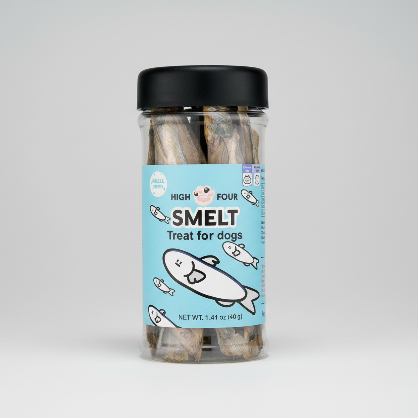 Jar of High Four Smelt treats for dogs on a white background