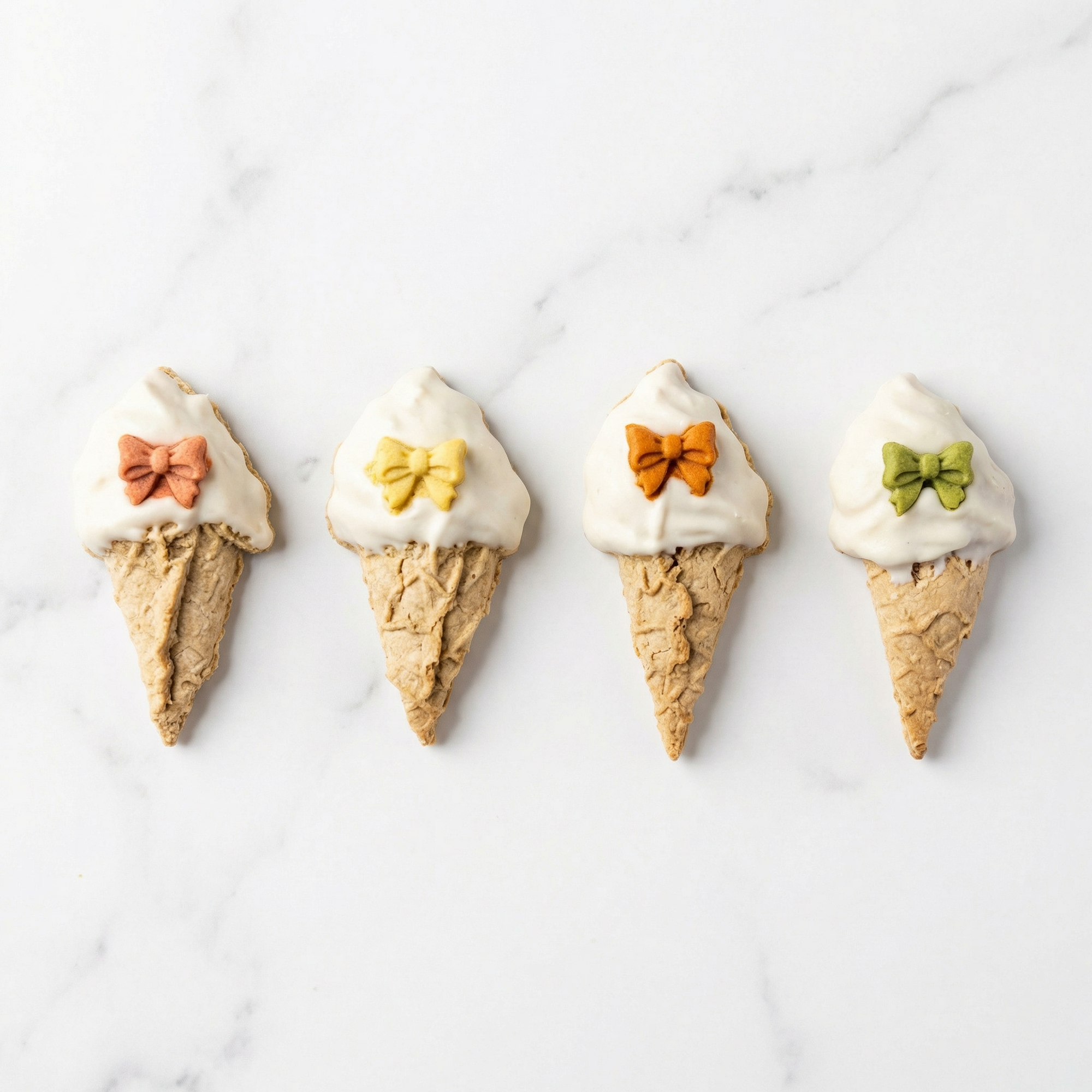 Four cookie cones with white icing and colorful bows on a marble surface