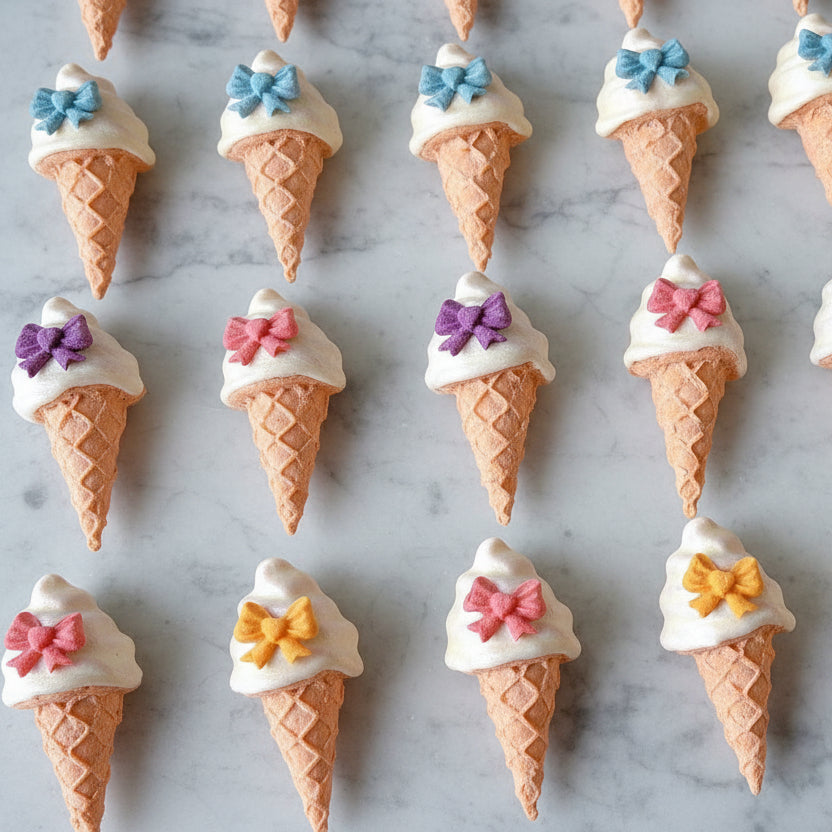 Ice cream cone-shaped cookies with colorful bow decorations on a baking sheet.