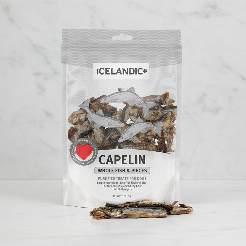 Package of Icelandic Capelin whole fish and pieces for dogs on a white background