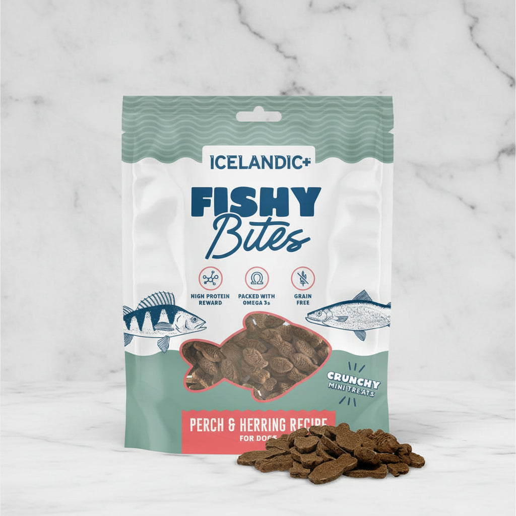 Packaging of Icelandic Fishy Bites dog treats with fish illustrations 