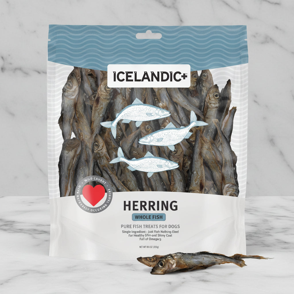Package of Icelandic herring fish treats for dogs on a white background
