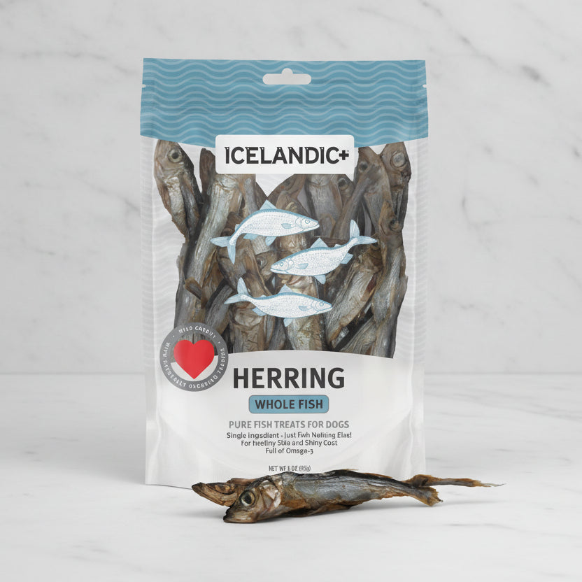 Packaging of Icelandic herring whole fish treats for dogs on a white background