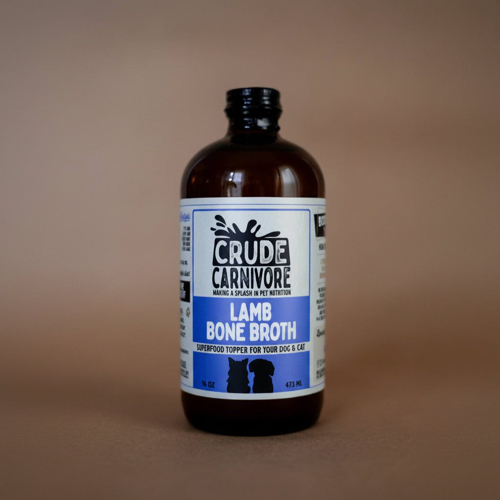Bottle of Crude Carnivore Lamb Bone Broth on a brown background