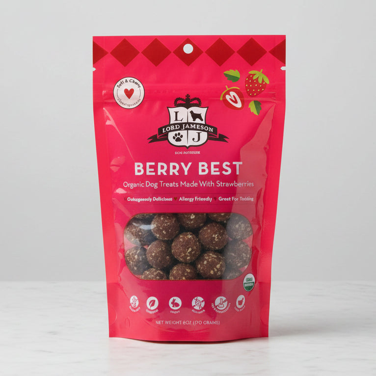 Pink package of Lord Jameson Berry Best organic dog treats on a white background