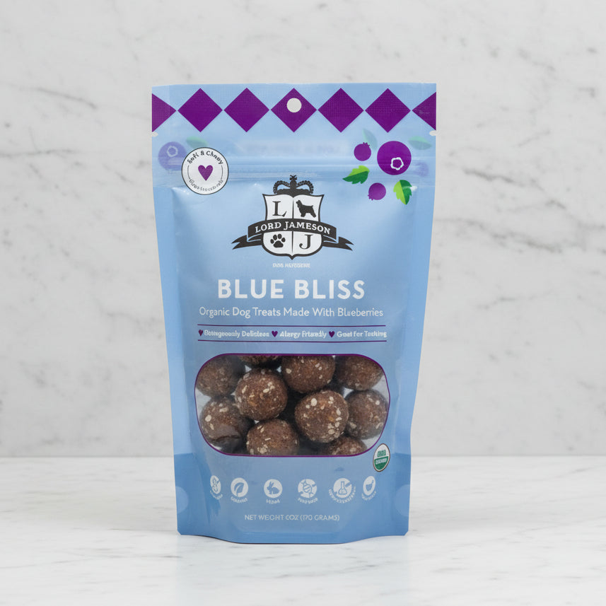Package of Lord Jameson Blue Bliss dog treats on a white background