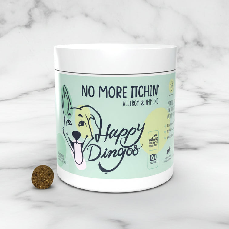Container of 'No More Itchin' Happy Dingoes' product on a white background