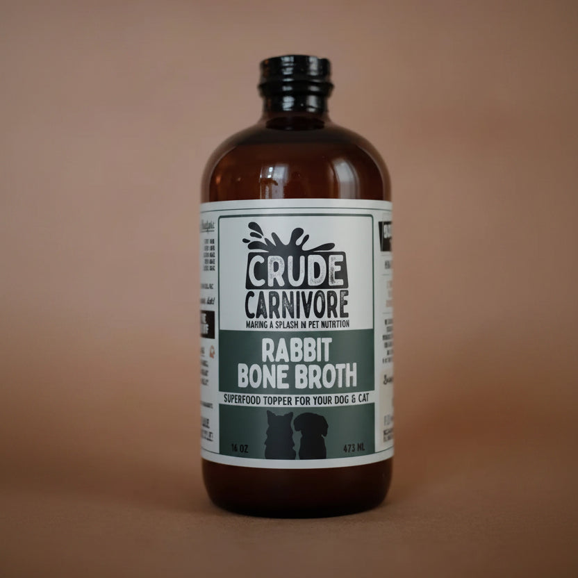 Bottle of Crude Carnivore Rabbit Bone Broth on a brown background