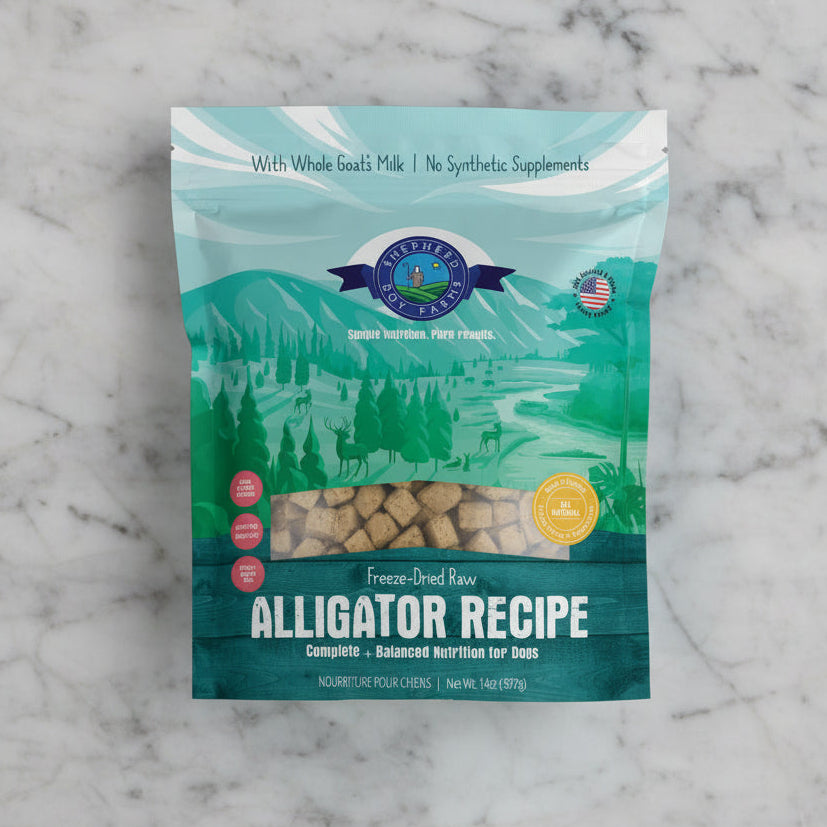 Bag of Shepherd's Best Alligator Recipe dog food with scenic design on the packaging.