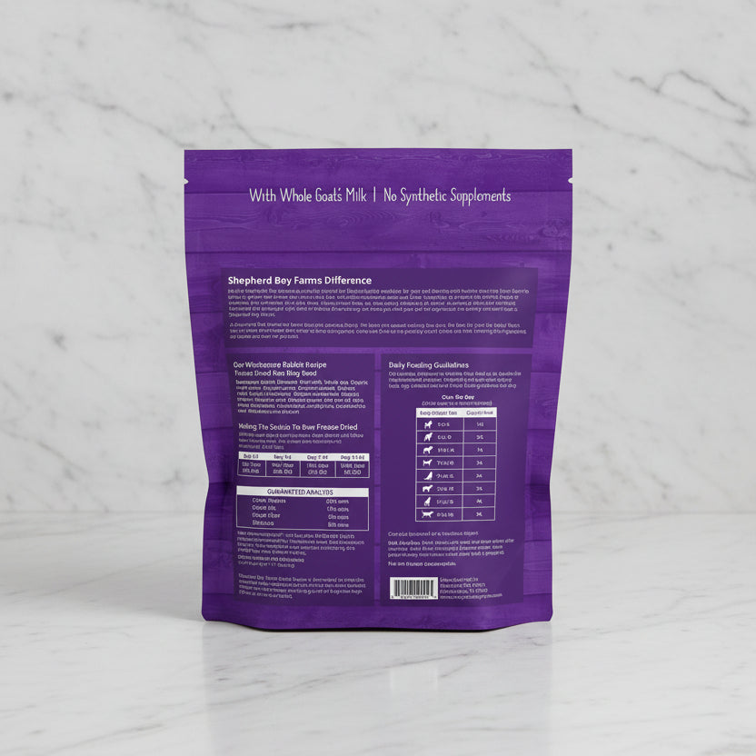 Purple package of Shepherd Boy Farms pet food with text and nutritional information.