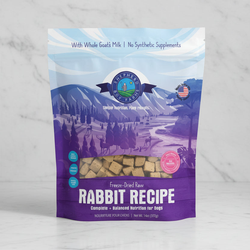 Bag of Stephano &amp; Co. Freeze-Dried Raw Rabbit Recipe for dogs with a scenic design on the packaging.