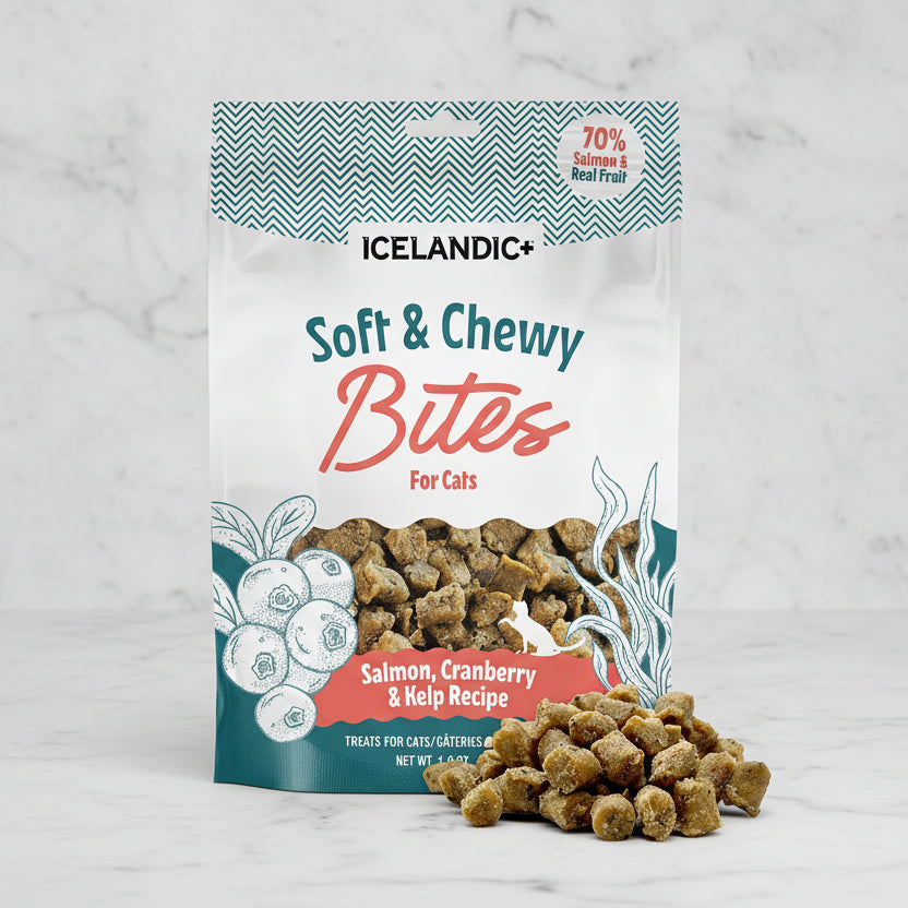 Packaging of Icelandic+ Soft & Chewy Bites for cats with salmon, cranberry, and herring recipe.
