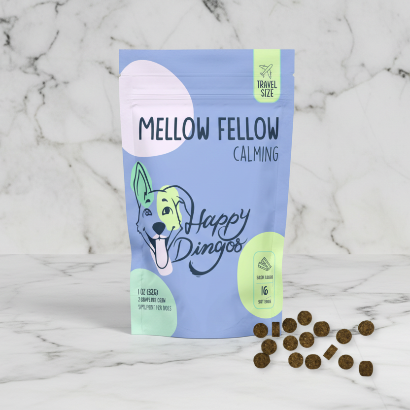 Mellow Fellow Happy Dingos calming treats packaging with treats on a white background
