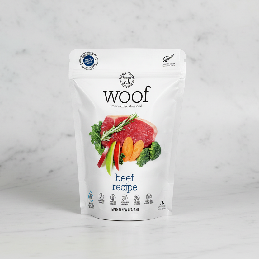 Package of WOOF beef recipe freeze-dried dog food 