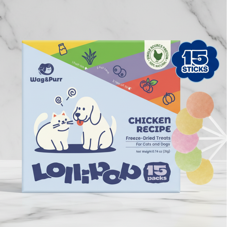 Wag&Purr Lollipop 15 packs chicken recipe freeze-dried treats packaging on a white background