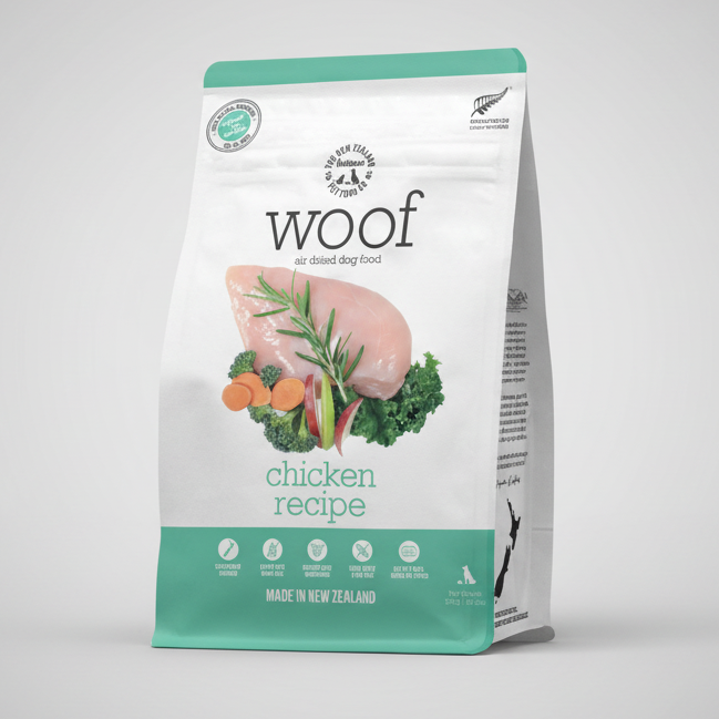 Dog food package with 'woof' 