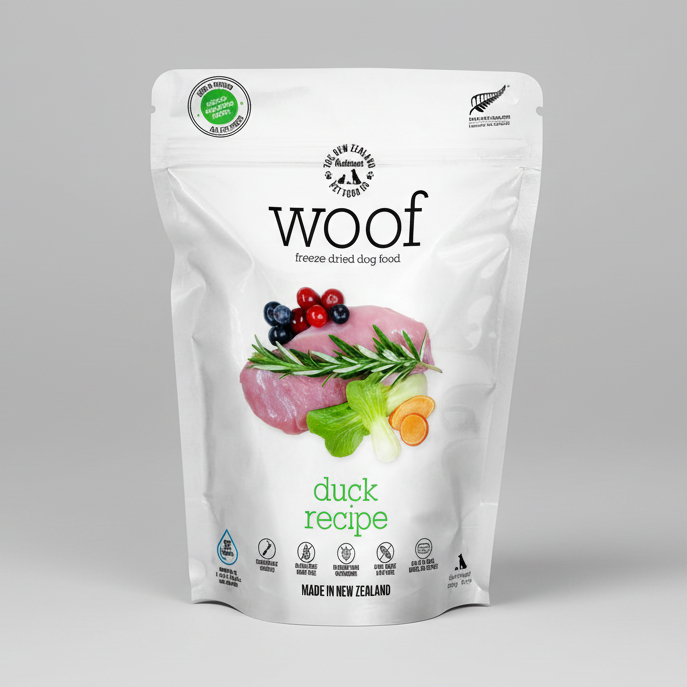 Package of WOOF freeze-dried dog food with duck recipe on a white background