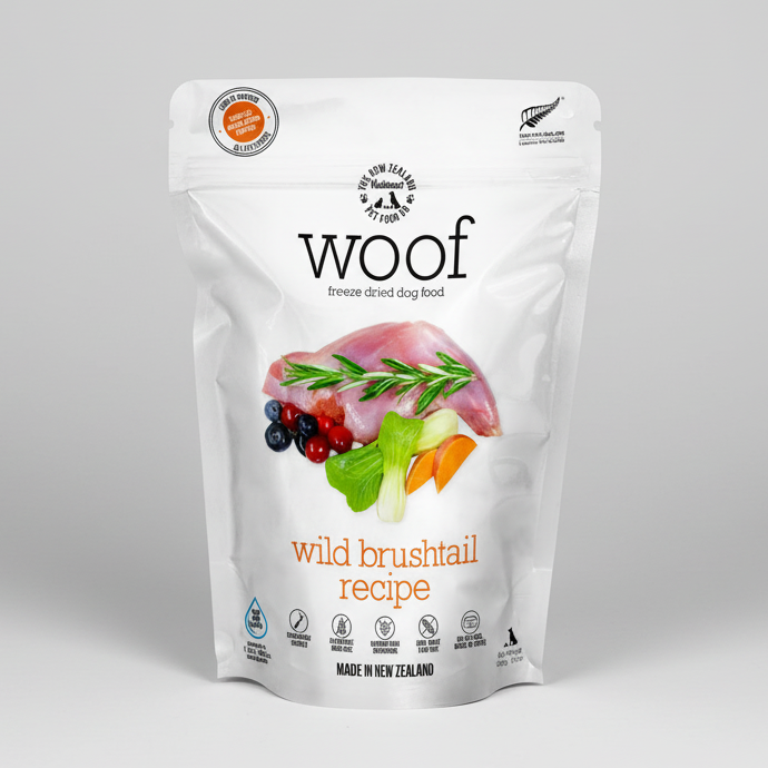 Package of WOOF freeze-dried dog food with a New Zealand flag logo on a white background