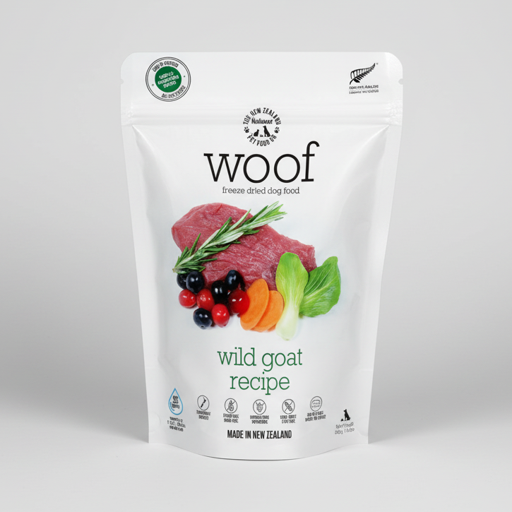 Package of Woof freeze-dried dog food with wild goat recipe on a white background