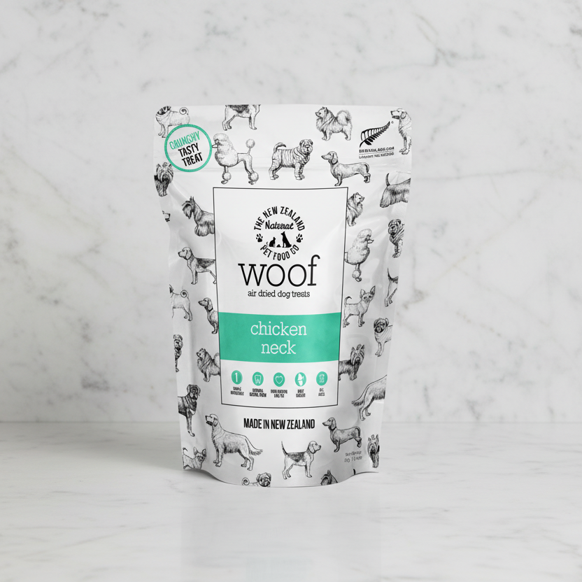 Package of 'Woof' chicken neck dog treat with dog illustrations 