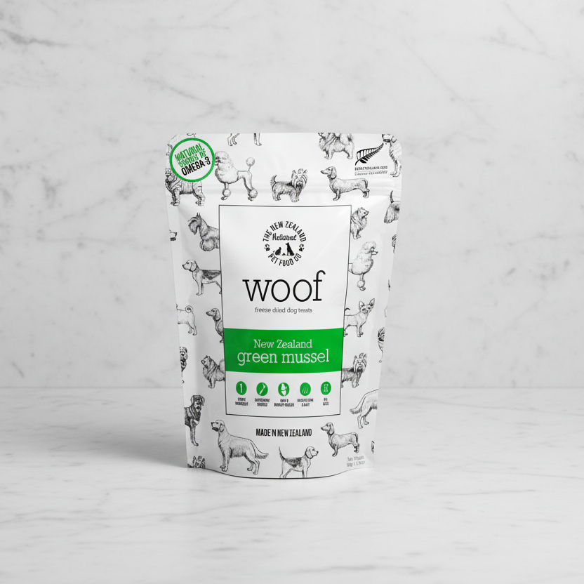Woof' branding and green mussels 