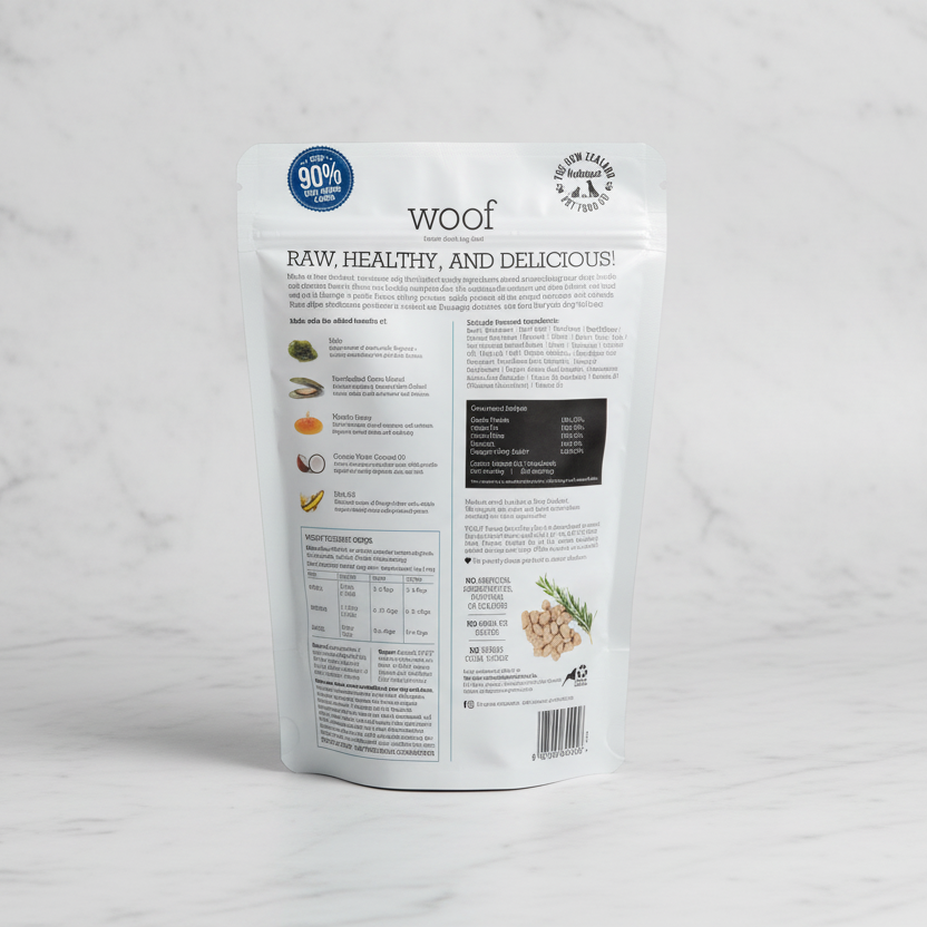 Package of Woof raw pet food 