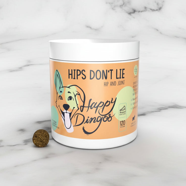 Container of Happy Dingo dog supplement with a small treat on a white background