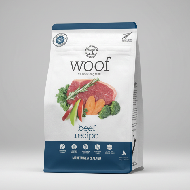 Dog food package with 'woof' Beef Recipe