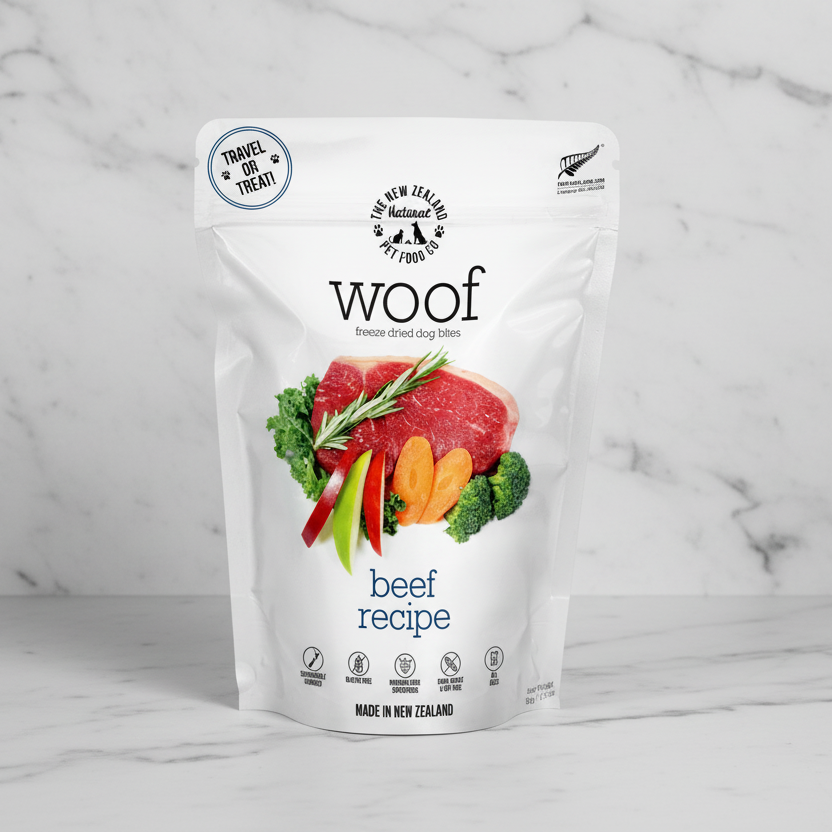 Package of woof beef recipe dog food on a white background